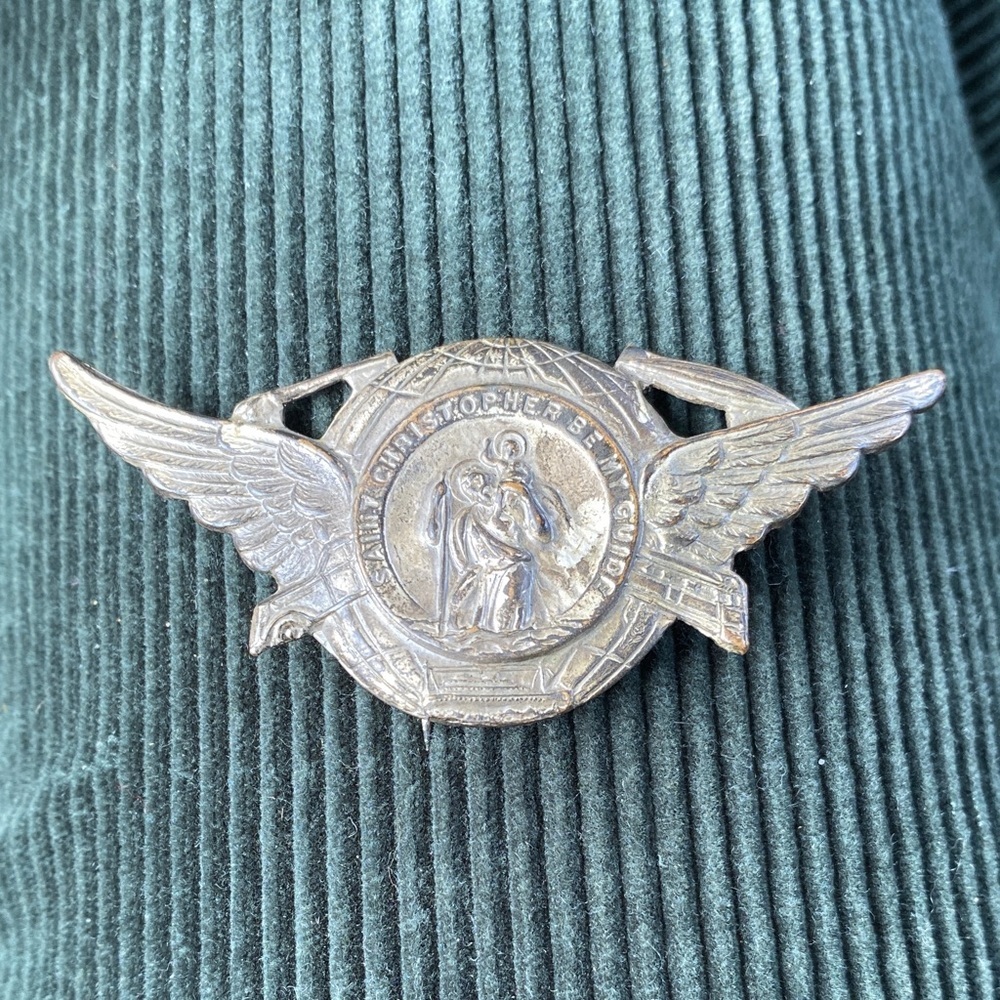 Antique Winged St Christopher Visor Pin/Clip, Religious Automobile Visor Pin
